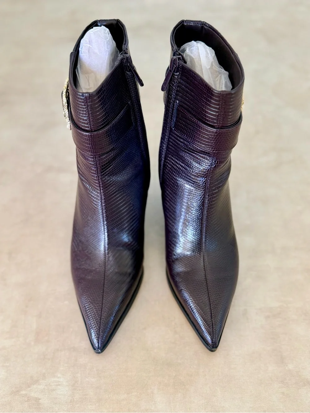 Sam Edelman Brown Textured Pointed Wedge Ankle Boots with Gold Buckle (Size 8)